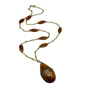 Vintage Bakelite Necklace Gold Tone Chain Drop Pendant & Miniature Coins Inlay